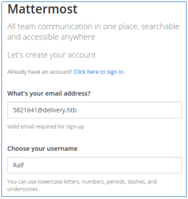 Форма регистрации Mattermost
