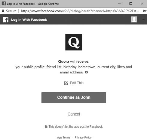 Рис. 17.2. Вход в Quora через Facebook с авторизацией областей видимости