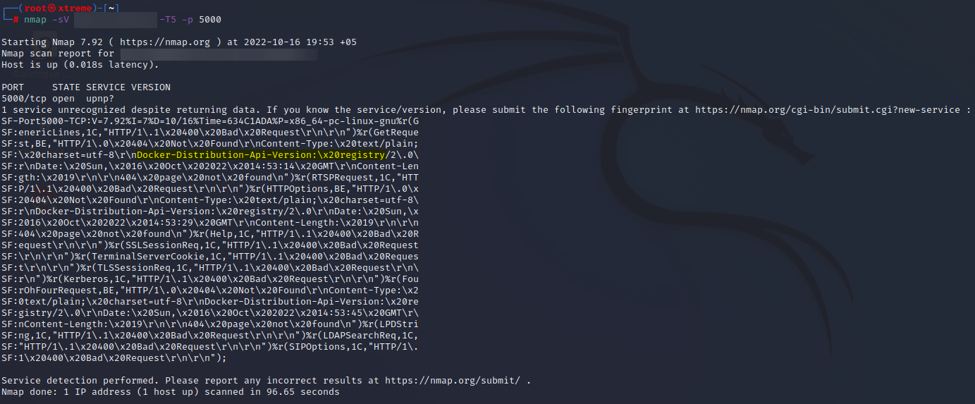 Сканирование хоста с работающим Docker Registry при помощи Nmap