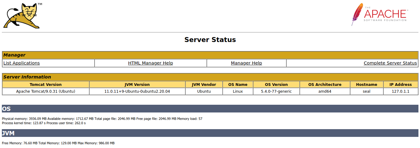 Страница Apache Tomcat Server Status