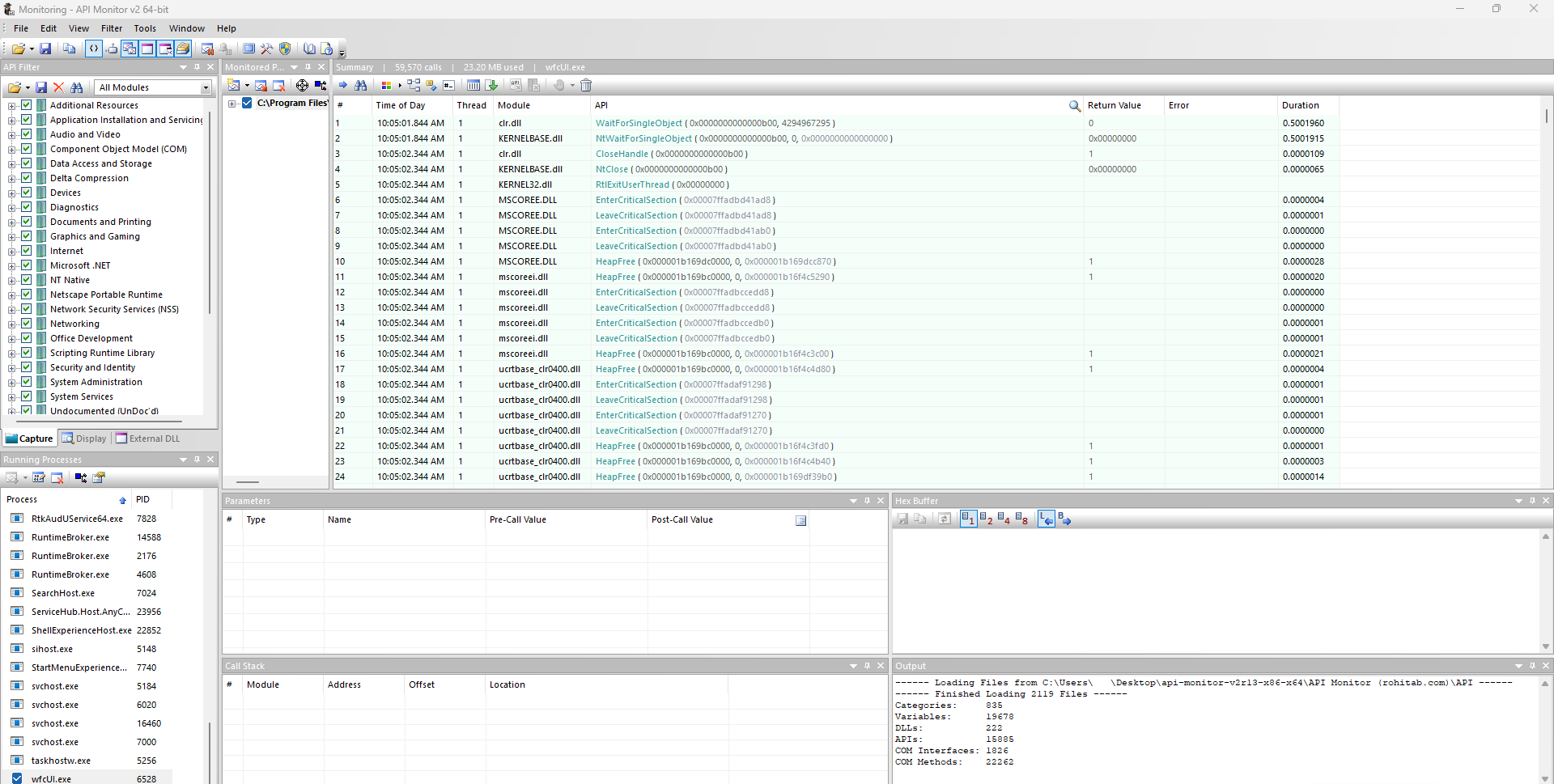 Пример использования программы API Monitor для просмотра вызываемых функций WinAPI