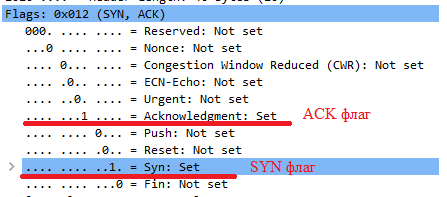 Флаги SYN и ACK пакета TCP
