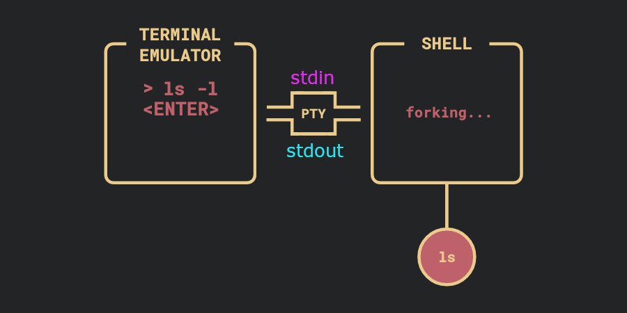 Процесс ls получает от операционной системы данные и передает их сначала командной оболочке, а та, в свою очередь, по каналу STDOUT pty эмулятору терминала