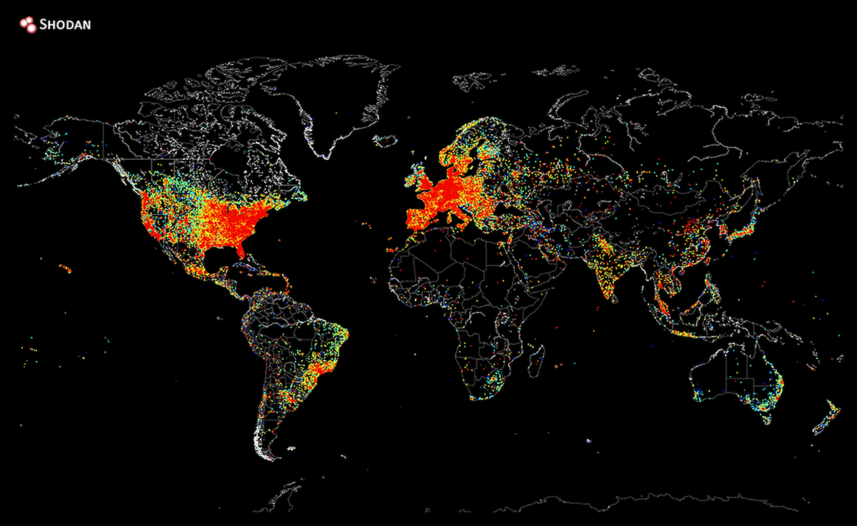 Shodan показывает карту интернета — расположение подключенных к глобальной сети устройств