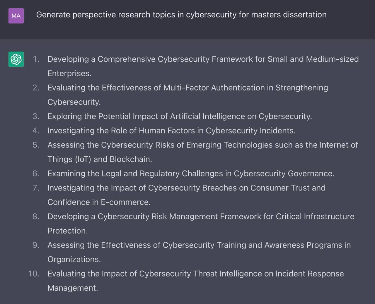 Ответ ChatGPT на предложение придумать тему перспективного исследования в направлении кибербезопасности