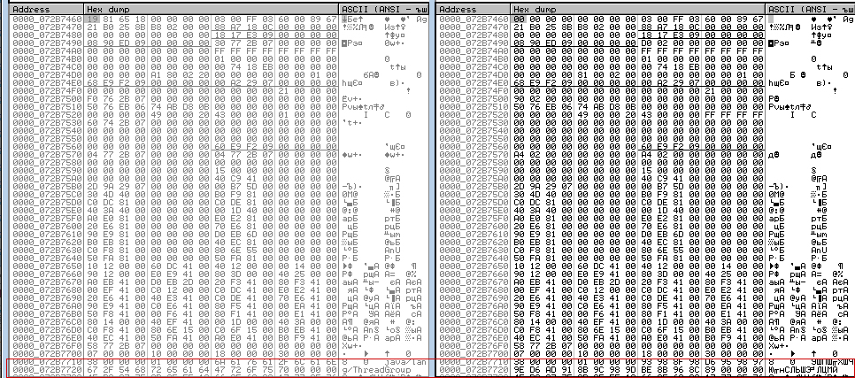Описатель класса, инициализированный в исходном коде (справа) и во время работы программы (слева)