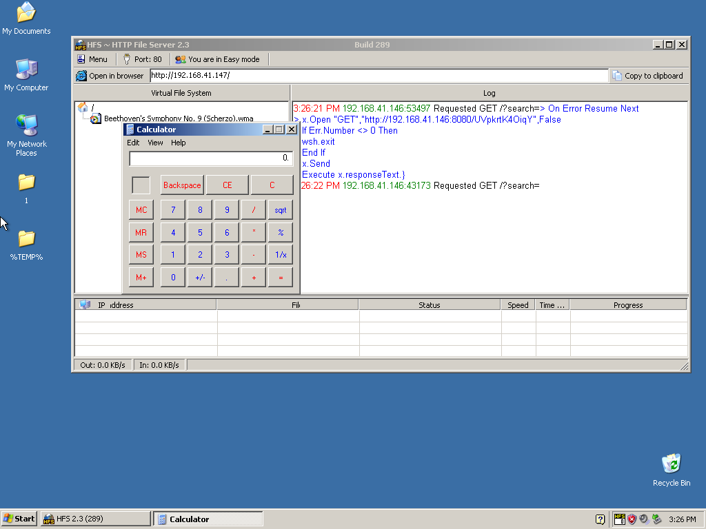Успешное срабатывание эксплойта для HttpFileServer в Windows XP SP3