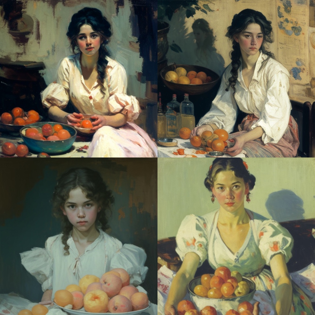 «Девочка с персиками», Midjourney, по мотивам Валентина Серова