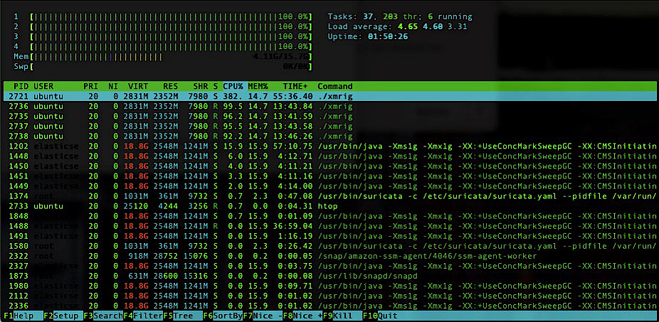 Отображение нагрузки на сервер с XMRig в мониторе процессов Htop