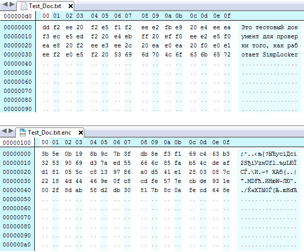Исходный и зашифрованный txt-файл. Длина файла увеличилась на 16 байт за счет выравнивания блоков
